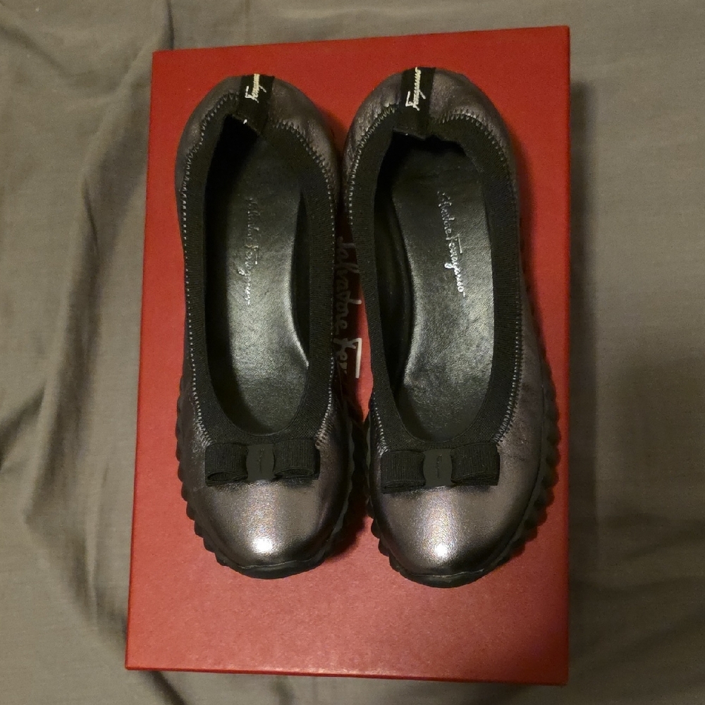 Salvatore Ferragamo Iridescent Pewter Bow Ballet Flats
